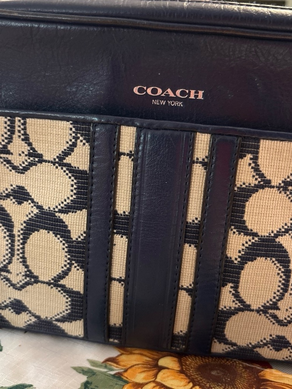 Coach Beige Signature Canvas Shoulder Bag with Black Leather Trim